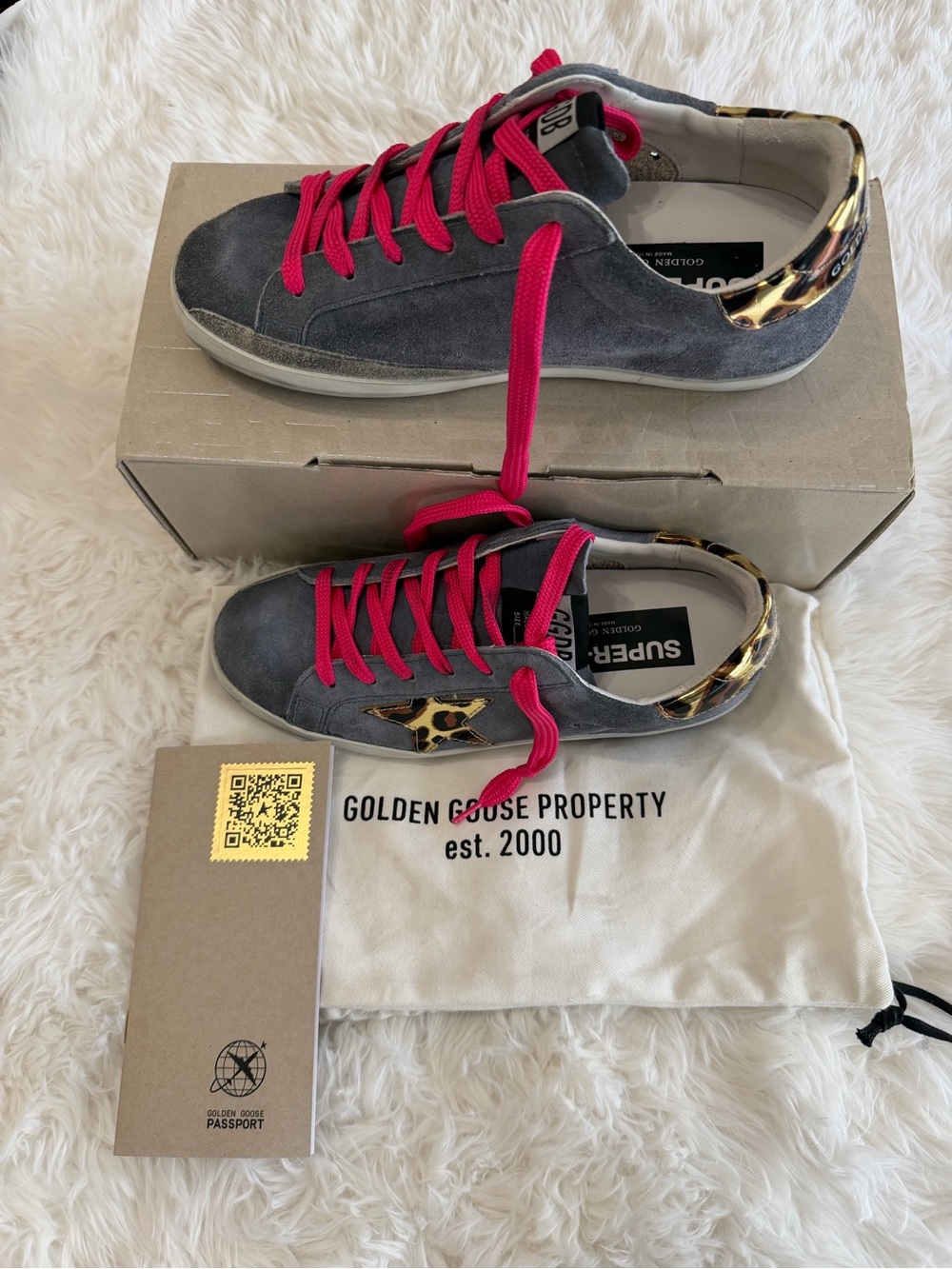 Golden Goose Gray Suede Sneakers with Hot Pink Laces & Leopard Heel size 36 US 6